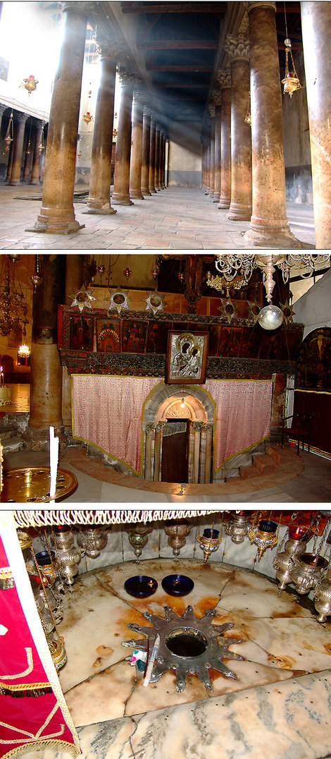  Зал храма Рождества. Вход в святая святых. Серебряная звезда с надписью на латыни: «Здесь родился Христос от Девы Марии». Над звездой — 15 серебряных лампад, по одной от каждой христианской общины